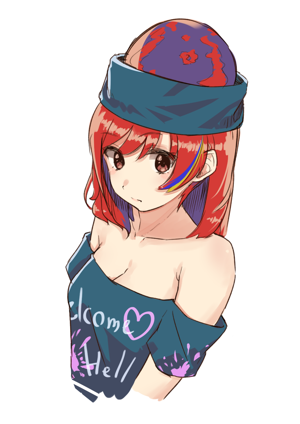 1girl ai_ken bare_shoulders black_shirt closed_mouth clothes_writing collarbone hecatia_lapislazuli highres looking_at_viewer off-shoulder_shirt polos_crown red_eyes redhead shirt simple_background solo t-shirt touhou upper_body white_background