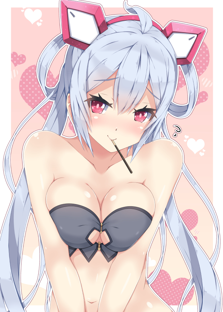 1girl ahoge bra breasts cleavage collarbone eyebrows_visible_through_hair food grey_bra hair_between_eyes hairband heart long_hair looking_at_viewer matoi_(pso2) medium_breasts milkpanda mouth_hold navel open_mouth phantasy_star phantasy_star_online_2 pocky_day polka_dot red_eyes red_hairband shiny shiny_skin silver_hair solo strapless strapless_bra twintails underwear upper_body very_long_hair