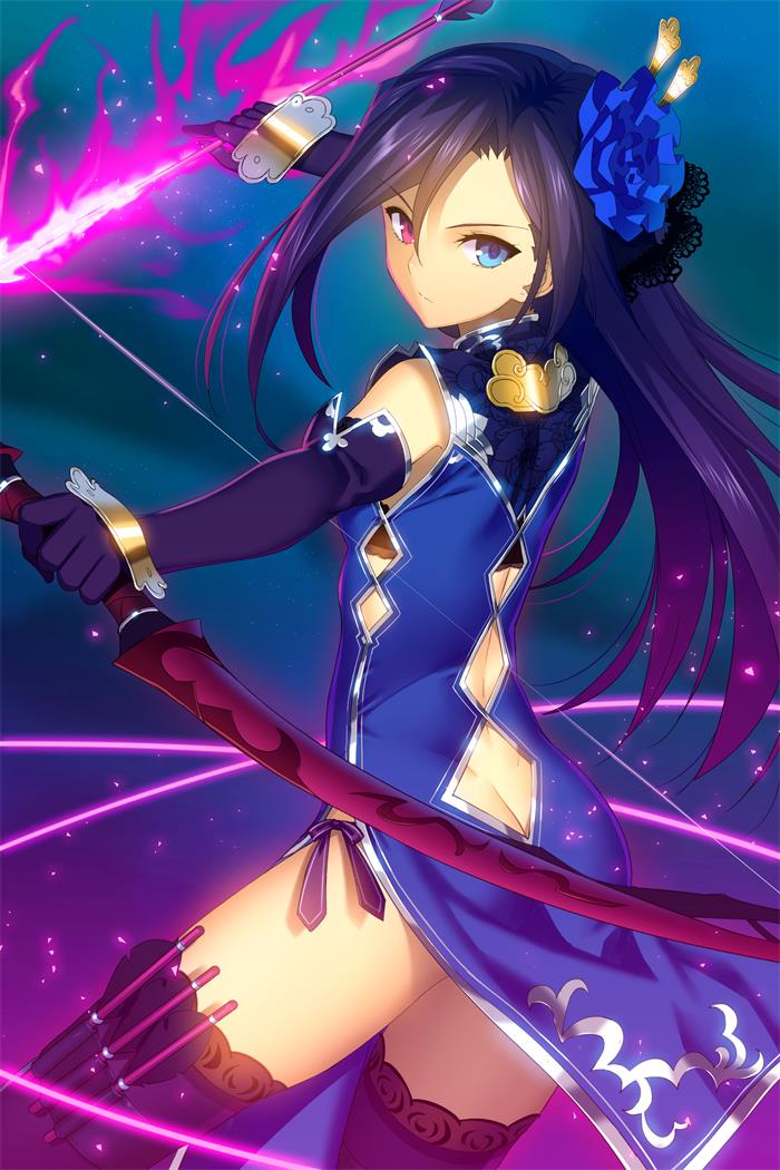 1girl arrow blue_eyes bow_(weapon) butt_crack china_dress chinese_clothes closed_mouth copyright_request dress heterochromia holding_arrow holster long_hair looking_at_viewer official_art pelvic_curtain purple_hair purple_legwear solo thigh-highs thigh_holster violet_eyes weapon yangsion