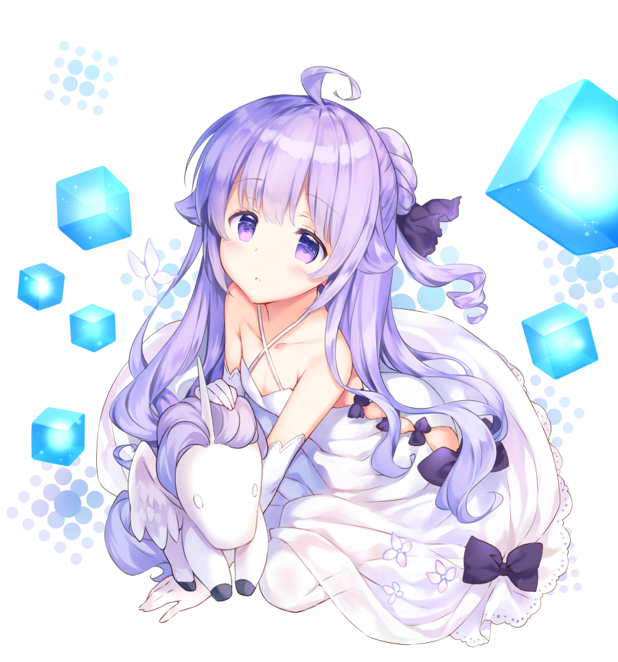 1girl azur_lane bangs bare_shoulders black_bow black_ribbon blush bow breasts butterfly collarbone commentary_request criss-cross_halter cube dress elbow_gloves eyebrows_visible_through_hair gloves hair_between_eyes hair_bun hair_ribbon halterneck long_hair looking_at_viewer one_side_up pantyhose parted_lips purple_hair rei_(rei's_room) ribbon seiza side_bun sitting sleeveless sleeveless_dress small_breasts solo stuffed_animal stuffed_pegasus stuffed_toy stuffed_unicorn unicorn_(azur_lane) very_long_hair violet_eyes white_dress white_gloves white_legwear