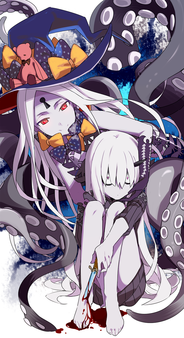 2girls abigail_williams_(fate/grand_order) bangs bare_legs bare_shoulders barefoot black_bow black_dress blood blood_on_feet blue_hat bow closed_mouth commentary_request dagger dress elbow_gloves fate/grand_order fate_(series) gloves hair_over_eyes hat highres holding holding_dagger horn keyhole lavinia_whateley_(fate/grand_order) long_hair multiple_girls ningen_(ningen96) orange_bow pale_skin parted_bangs pink_eyes polka_dot polka_dot_bow purple_gloves red_eyes revealing_clothes short_sleeves sitting smile stuffed_animal stuffed_toy suction_cups teddy_bear tentacle toenails very_long_hair weapon white_hair wide-eyed witch_hat