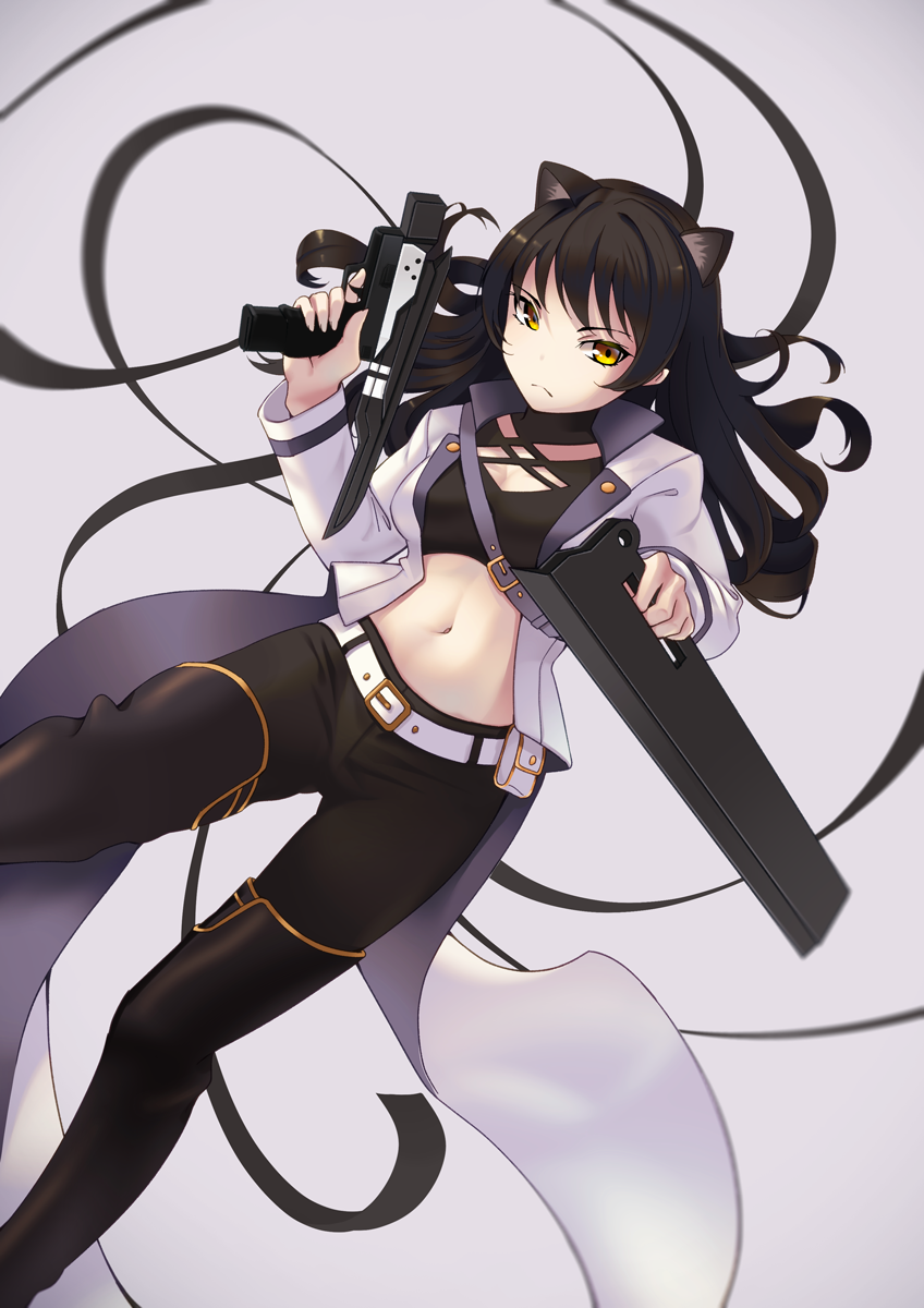 1girl :&lt; animal_ears belt black_hair black_pants blake_belladonna cat_ears closed_mouth grey_background gun highres holding holding_gun holding_weapon long_hair long_sleeves looking_at_viewer meda navel pants rwby solo v-shaped_eyebrows weapon yellow_eyes