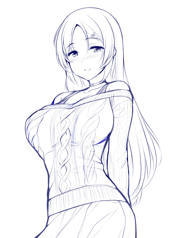 1girl alternate_costume aran_sweater bangs bare_shoulders blush breasts casual closed_mouth cowboy_shot eyebrows_visible_through_hair fate/grand_order fate_(series) hair_ornament hairclip large_breasts long_hair long_sleeves looking_at_viewer minamoto_no_raikou_(fate/grand_order) ribbed_sweater simple_background skirt smile solo sweater uni8