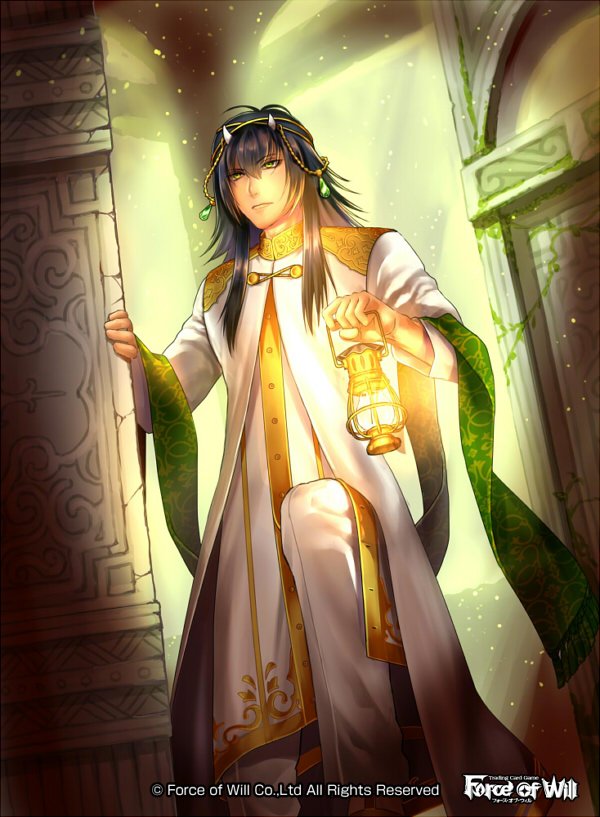 1boy black_hair circlet copyright_name force_of_will gem green_eyes horns lamp leaf long_hair male_focus official_art solo sparkle tomida_tomomi