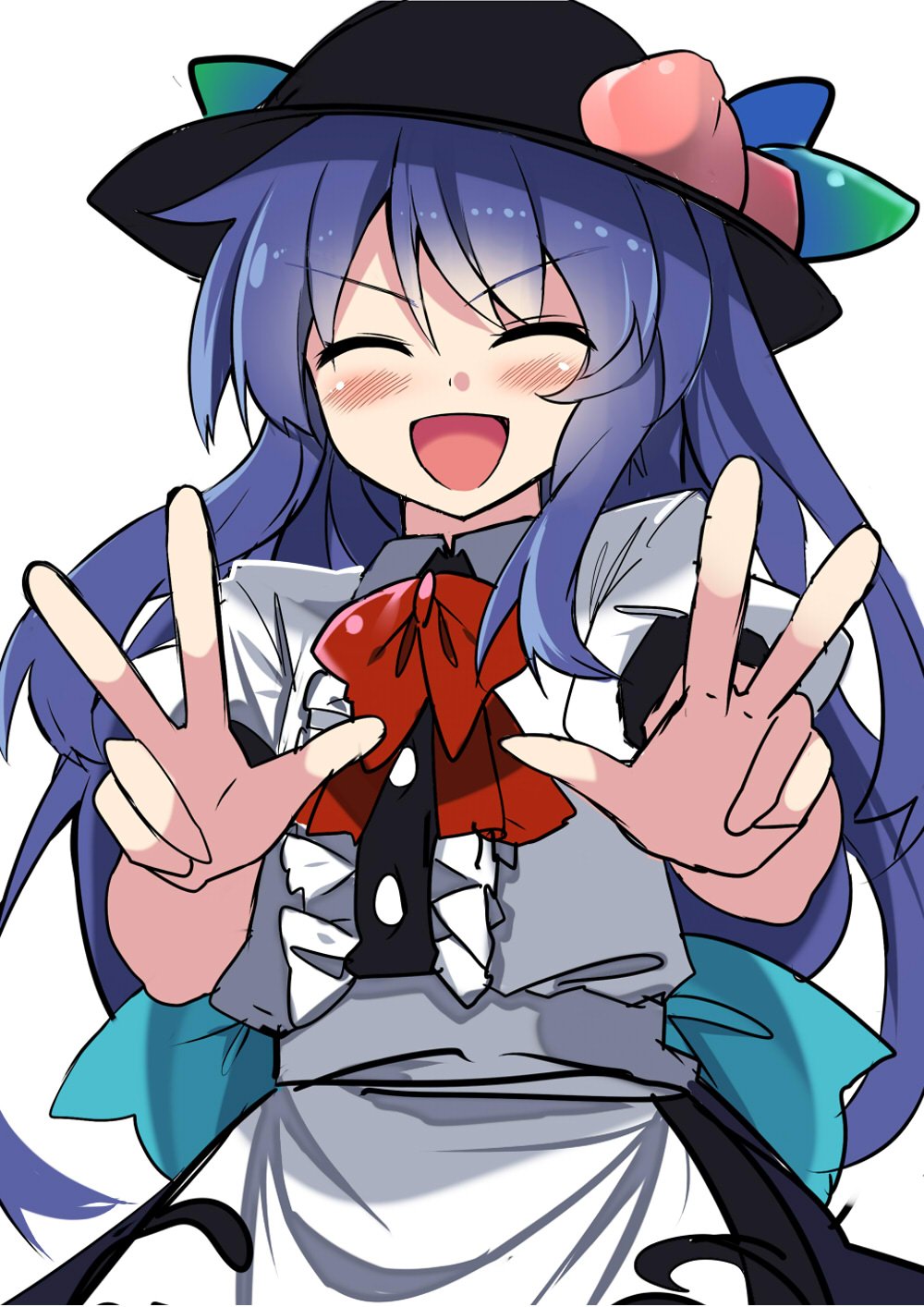 1girl blue_hair blush bow closed_eyes commentary_request double_v e.o. food fruit hat highres hinanawi_tenshi long_hair open_mouth peach puffy_short_sleeves puffy_sleeves red_bow red_neckwear shirt short_sleeves smile solo touhou v white_shirt