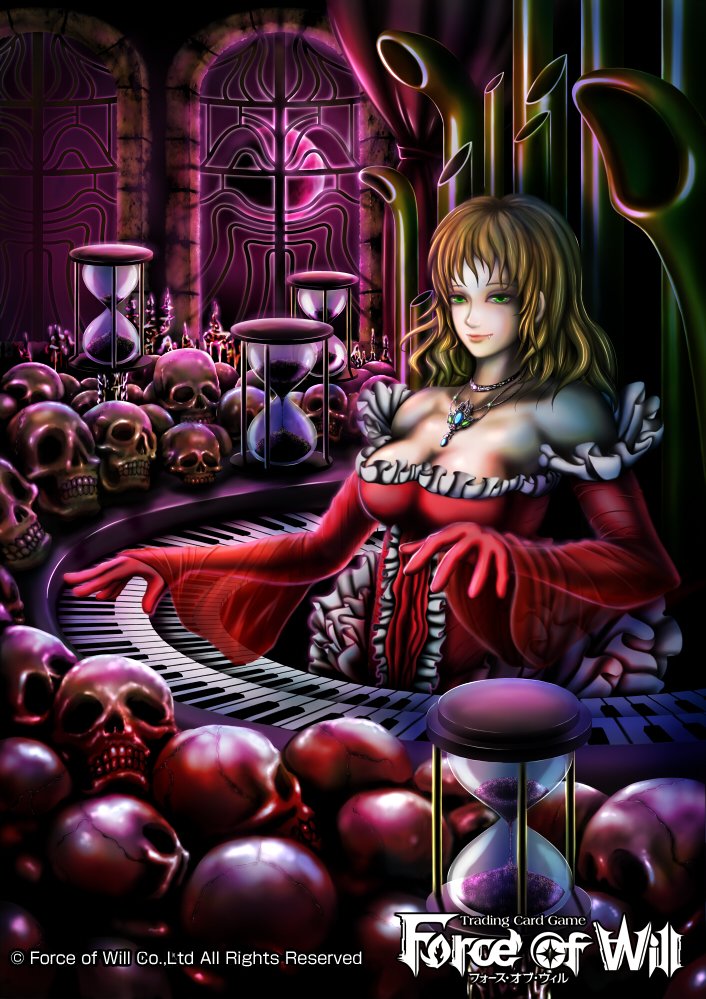 1girl blonde_hair blood breasts cleavage copyright_name fang force_of_will gloves green_eyes instrument jewelry long_hair necklace official_art pipe_organ skull upper_body vampire window