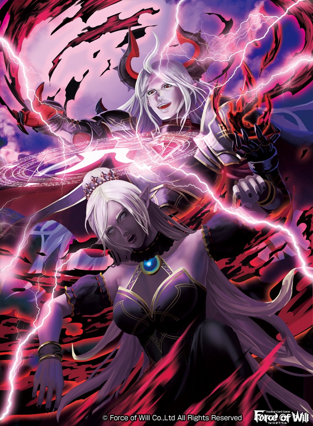 1boy 1girl bracelet copyright_name electricity force_of_will highres jewelry ko-ran magic_circle nail_polish official_art open_mouth pointy_ears ponytail red_eyes teeth white_eyes white_hair