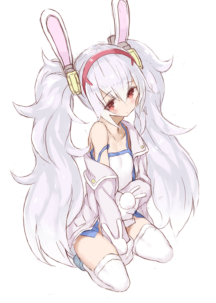 1girl animal_ears azur_lane bangs bare_shoulders camisole closed_mouth collarbone eyebrows_visible_through_hair full_body goekawa hair_between_eyes hair_ornament hairband hands_in_sleeves jacket laffey_(azur_lane) long_hair long_sleeves looking_to_the_side off_shoulder open_clothes open_jacket pink_jacket rabbit_ears red_eyes red_hairband silver_hair simple_background sitting solo strap_slip thigh-highs twintails very_long_hair wariza white_background white_camisole white_legwear
