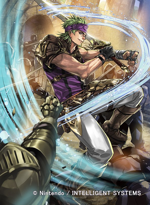 1boy beard boots company_name faceless faceless_male facial_hair fingerless_gloves fire_emblem fire_emblem:_seima_no_kouseki fire_emblem_cipher gerik gloves green_eyes green_hair headband helmet kuroba.k male_focus muscle official_art scar solo sword teeth weapon