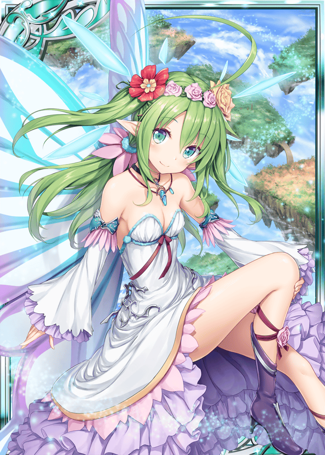 1girl akkijin blue_eyes blue_sky boots breasts butterfly_wings card_(medium) dress flower green_hair hair_flower hair_ornament island jewelry necklace pixie_servant_(shinkai_no_valkyrie) pointy_ears shinkai_no_valkyrie sitting sky small_breasts solo white_dress wings