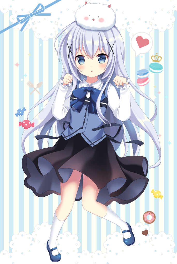 1girl :o bangs black_skirt blue_footwear blue_neckwear blue_vest blush bow bowtie candy_wrapper collared_shirt commentary_request crown doily doughnut eyebrows_visible_through_hair food fork full_body gochuumon_wa_usagi_desu_ka? hair_between_eyes hands_up heart kafuu_chino kneehighs long_hair long_sleeves looking_at_viewer macaron mary_janes mayo_(miyusa) parted_lips polka_dot rabbit_house_uniform shirt shoes skirt sleeves_past_wrists spoken_heart spoon standing standing_on_one_leg tippy_(gochiusa) uniform very_long_hair vest waitress white_legwear white_shirt