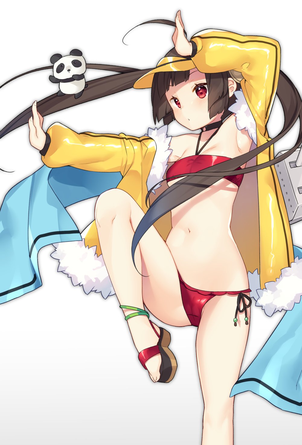 1girl ahoge azur_lane bekotarou bikini breasts brown_hair choker fur-trimmed_jacket fur_trim highres jacket long_hair panda ping_hai_(azur_lane) pose red_bikini red_eyes sandals side-tie_bikini simple_background small_breasts solo standing standing_on_one_leg swimsuit twintails visor_cap white_background yellow_jacket