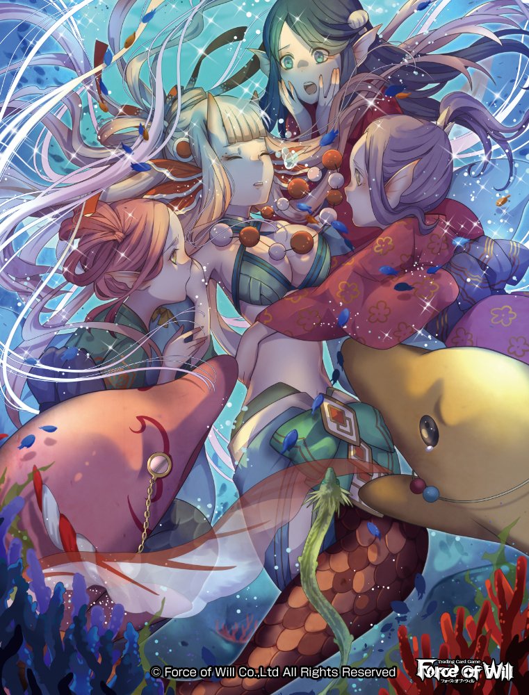 4girls blue_eyes blue_hair breasts bubble cleavage closed_eyes copyright_name coral crying dolphin force_of_will head_fins horns japanese_clothes jewelry mermaid midriff monocle monster_girl multiple_girls nanahara_shie navel necklace official_art open_mouth pink_hair ponytail purple_hair sparkle teeth underwater white_hair yellow_eyes