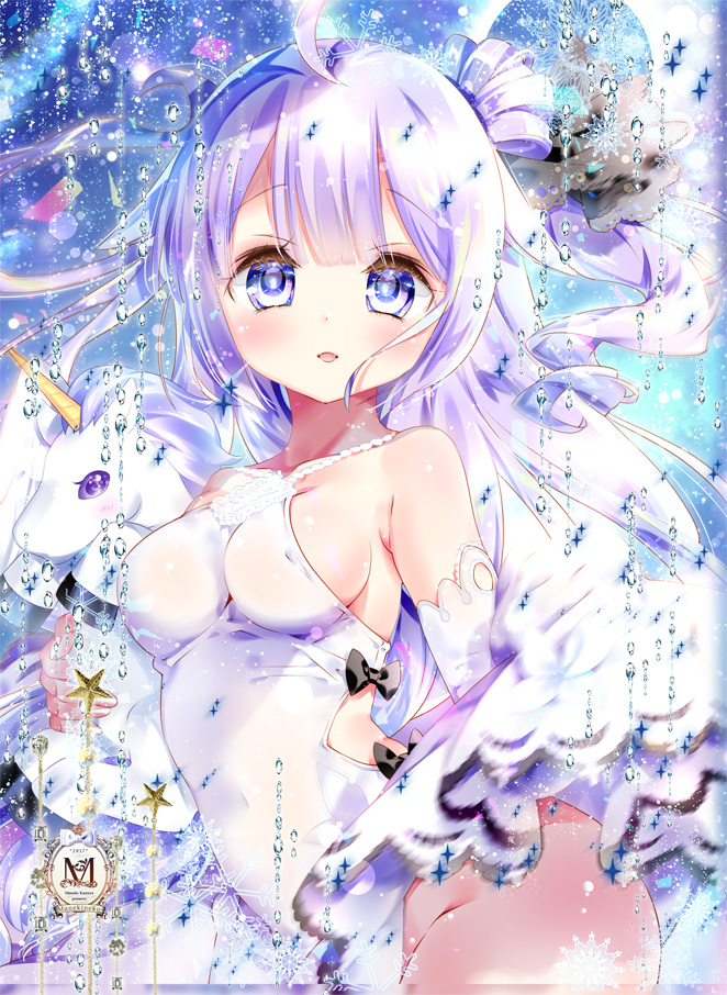 1girl ahoge azur_lane bare_shoulders black_bow black_ribbon blush bow breasts collarbone commentary_request detached_sleeves dress fingernails hair_bun hair_ribbon halterneck kamiya_maneki looking_at_viewer medium_breasts no_bra no_panties object_hug one_side_up parted_lips purple_hair ribbon side_bun sideboob sleeveless sleeveless_dress solo sparkle stuffed_animal stuffed_toy stuffed_unicorn unicorn_(azur_lane) violet_eyes white_dress