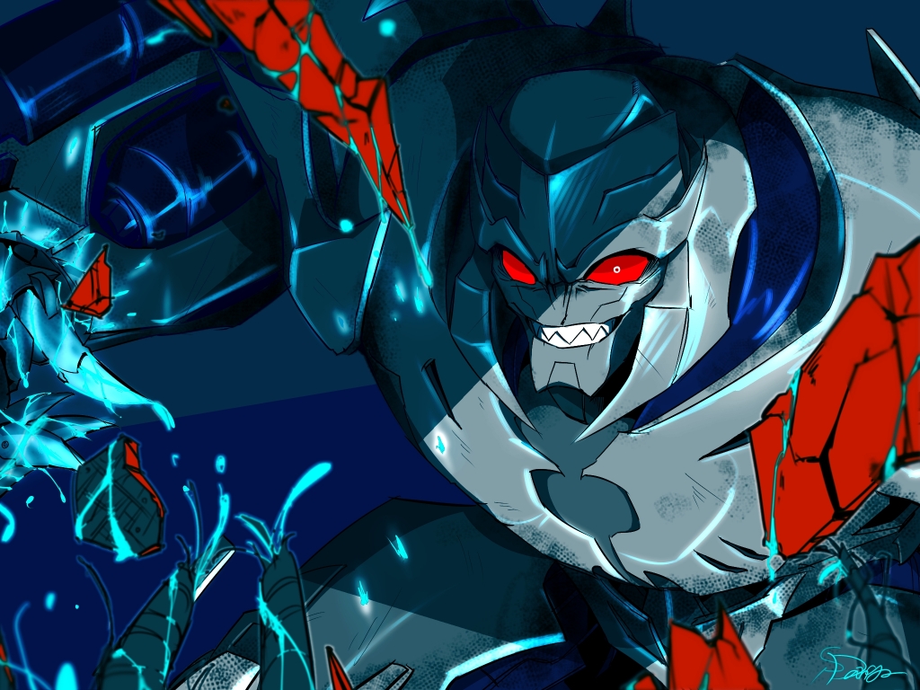 1boy arm_cannon artist_request blue_background cannon decepticon evil_smile glowing grin injury looking_at_viewer megatron megatron_(prime) no_humans red_eyes smile solo teeth transformers transformers_prime upper_body weapon