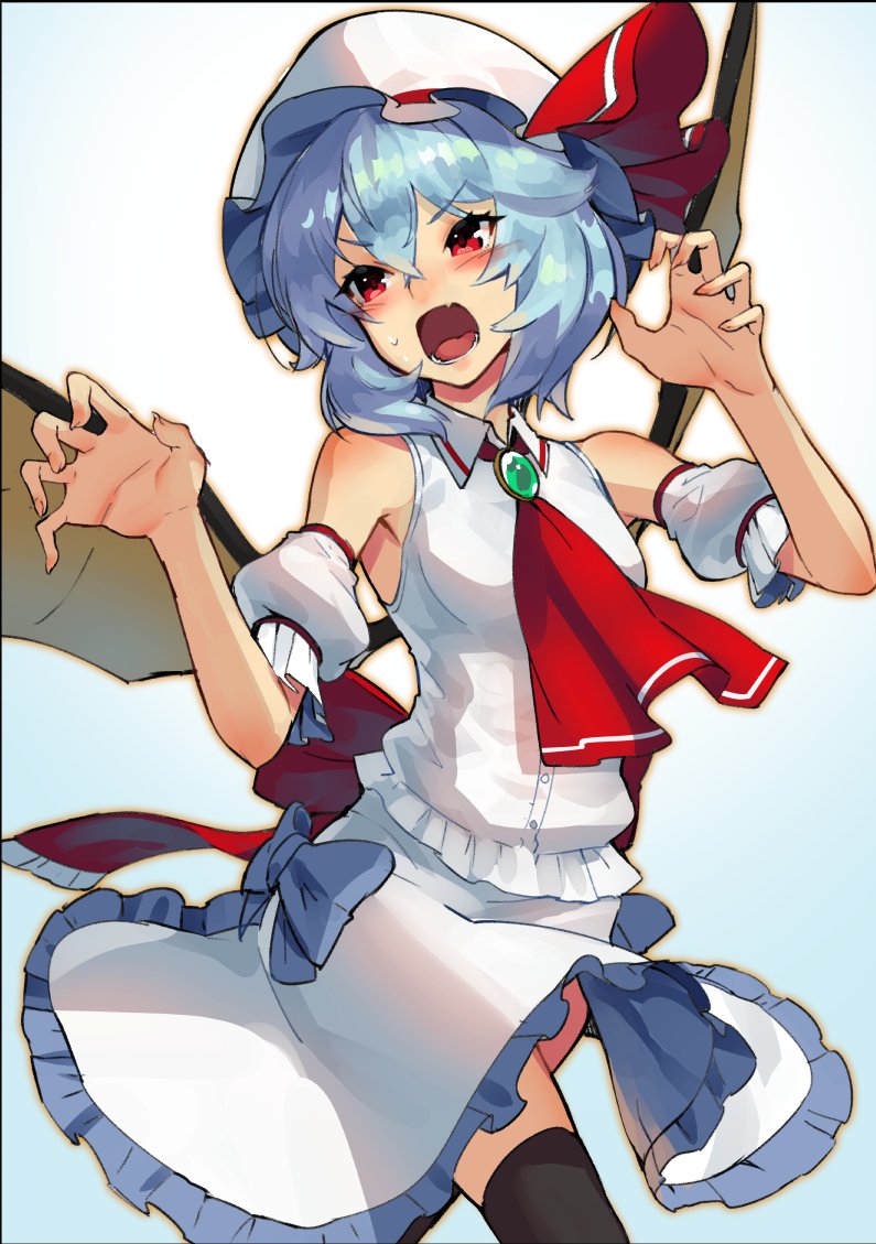 1girl ascot bare_shoulders bat_wings black_legwear blue_hair brooch claw_pose commentary_request fingernails frilled_skirt frills hair_between_eyes hat hat_ribbon jewelry mob_cap open_mouth red_eyes remilia_scarlet ribbon skirt skirt_set solo sukocchi touhou white_hat white_skirt wings