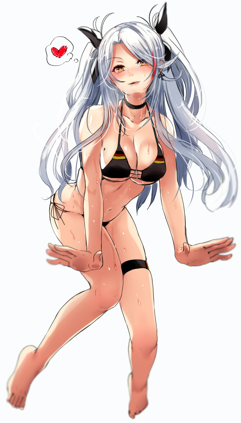 1girl :q azur_lane bikini black_bikini blurry bow breasts choker cleavage commentary_request depth_of_field earrings hair_bow heart highres iron_cross jewelry large_breasts long_hair mole mole_on_breast naughty_face parted_lips prinz_eugen_(azur_lane) side-tie_bikini silver_hair simple_background skindentation swimsuit thigh_strap thought_bubble tongue tongue_out tsukiriran two_side_up very_long_hair white_background wrists_extended