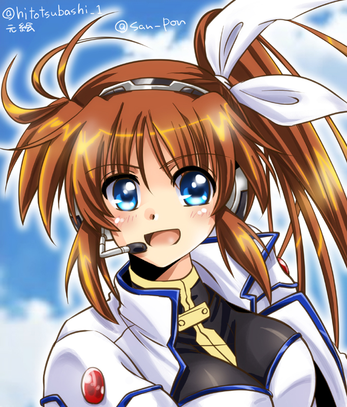 1girl :d blue_eyes breasts brown_hair dasuto eyebrows_visible_through_hair hair_ribbon headset jacket long_hair lyrical_nanoha magical_girl medium_breasts open_mouth portrait ribbon side_ponytail smile solo takamachi_nanoha triangle_heart twitter_username white_jacket white_ribbon