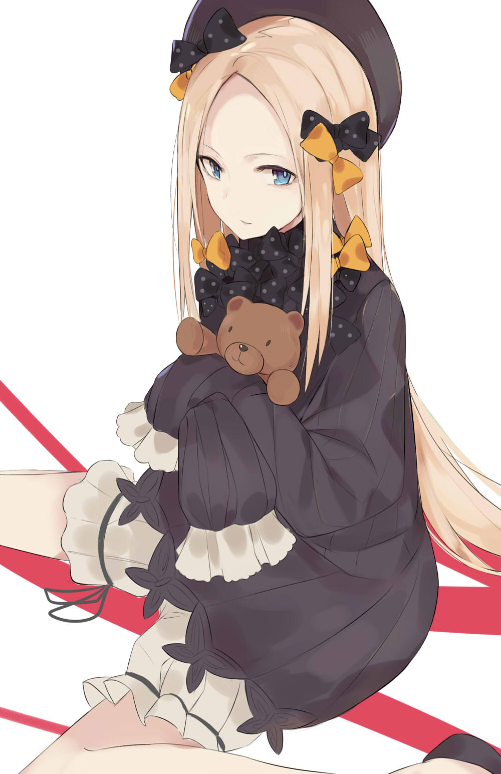 1girl abigail_williams_(fate/grand_order) bangs black_bow black_dress black_footwear black_hat blonde_hair bloomers blue_eyes bow butterfly commentary_request dress fate/grand_order fate_(series) hair_bow hands_in_sleeves hat highres long_hair long_sleeves looking_at_viewer looking_to_the_side moonlaw object_hug orange_bow parted_bangs polka_dot polka_dot_bow shoes sitting solo stuffed_animal stuffed_toy teddy_bear underwear very_long_hair wariza white_bloomers