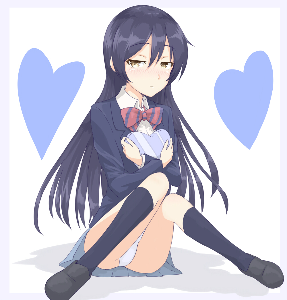 1girl bangs blue_hair blue_legwear blush commentary_request dress_shirt eyebrows_visible_through_hair hair_between_eyes heart heart-shaped_box holding long_hair long_sleeves looking_at_viewer love_live! love_live!_school_idol_project otonokizaka_school_uniform panties pleated_skirt red_neckwear school_uniform shirt shunichi simple_background sitting skirt solo sonoda_umi striped_neckwear underwear white_background white_panties white_shirt yellow_eyes