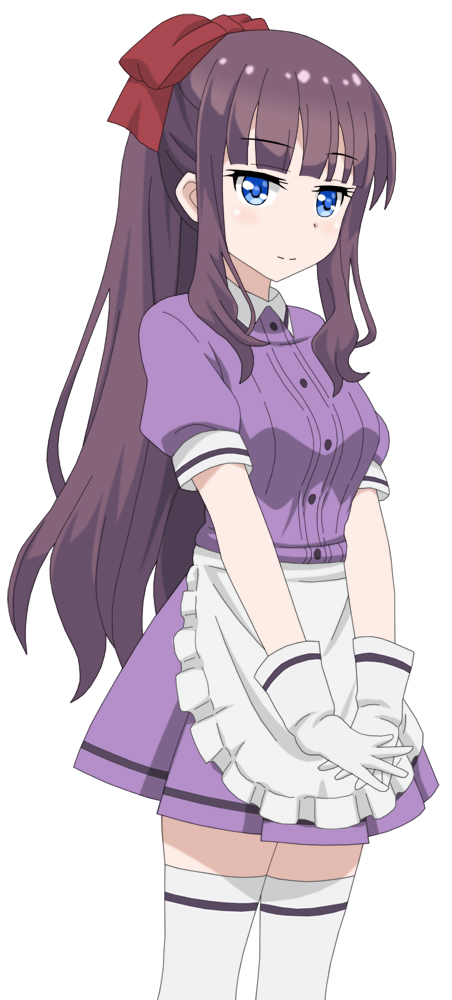 1girl apron blue_eyes bow brown_hair cowboy_shot cp9a dress_shirt eyebrows_visible_through_hair gloves hair_bow long_hair looking_at_viewer miniskirt new_game! pleated_skirt ponytail purple_shirt purple_skirt red_bow shirt short_sleeves simple_background skirt smile solo standing takimoto_hifumi thigh-highs very_long_hair white_apron white_background white_gloves white_legwear zettai_ryouiki