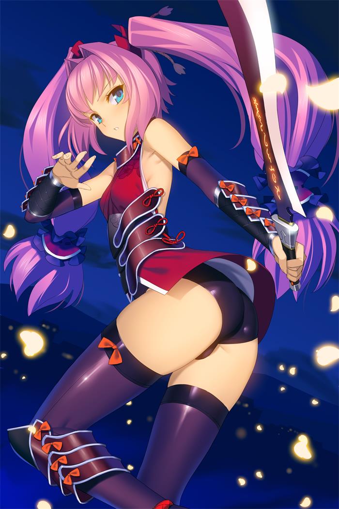 1girl ass black_legwear black_leotard blue_eyes breasts copyright_request from_side hair_intakes holding holding_sword holding_weapon leotard long_hair looking_at_viewer official_art parted_lips purple_hair small_breasts solo sword thigh-highs thighs tsurime twintails weapon yangsion