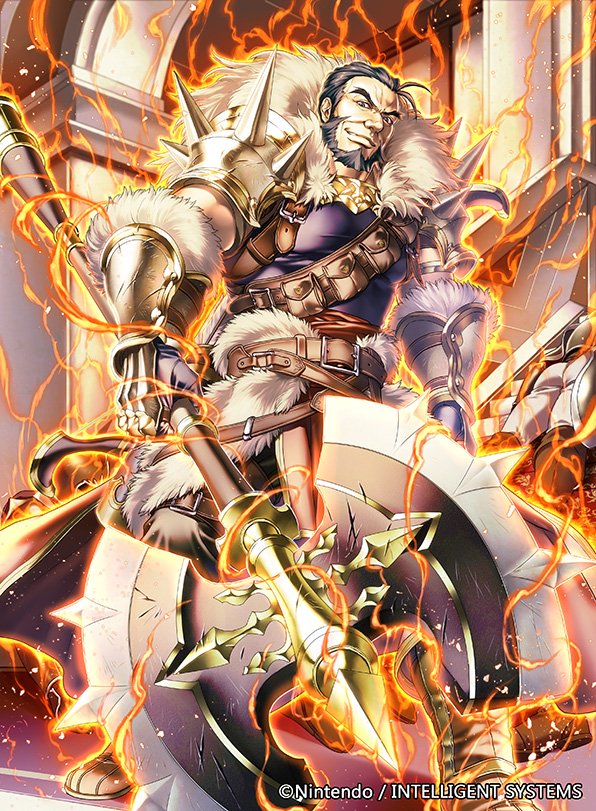 1boy axe beard boots brown_eyes company_name faceless faceless_male facial_hair fire fire_emblem fire_emblem:_seima_no_kouseki fire_emblem_cipher fur_trim garcia_(fire_emblem) gloves grey_hair male_focus official_art solo