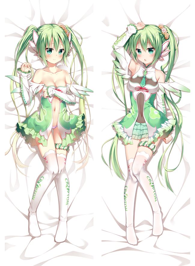 1girl arm_at_side arm_up bangs bare_shoulders bed_sheet blush breasts cleavage closed_mouth collarbone commentary dakimakura dress eyebrows_visible_through_hair flower green_dress green_eyes green_hair green_skirt hair_between_eyes hair_flower hair_ornament hatsune_miku layered_skirt long_hair long_sleeves looking_at_viewer lying medium_breasts multiple_views navel no_shoes on_back panties parted_lips purple_panties skirt thigh-highs thigh_strap twintails underwear very_long_hair vocaloid white_legwear xia_xiang_(ozicha)