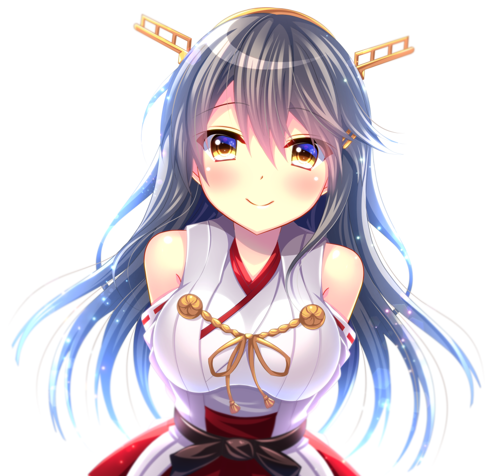 1girl bare_shoulders black_hair detached_sleeves hair_between_eyes hairband haruna_(kantai_collection) headgear japanese_clothes kantai_collection long_hair nontraditional_miko red_skirt simple_background skirt smile solo white_background yellow_eyes yuzukaze_rio