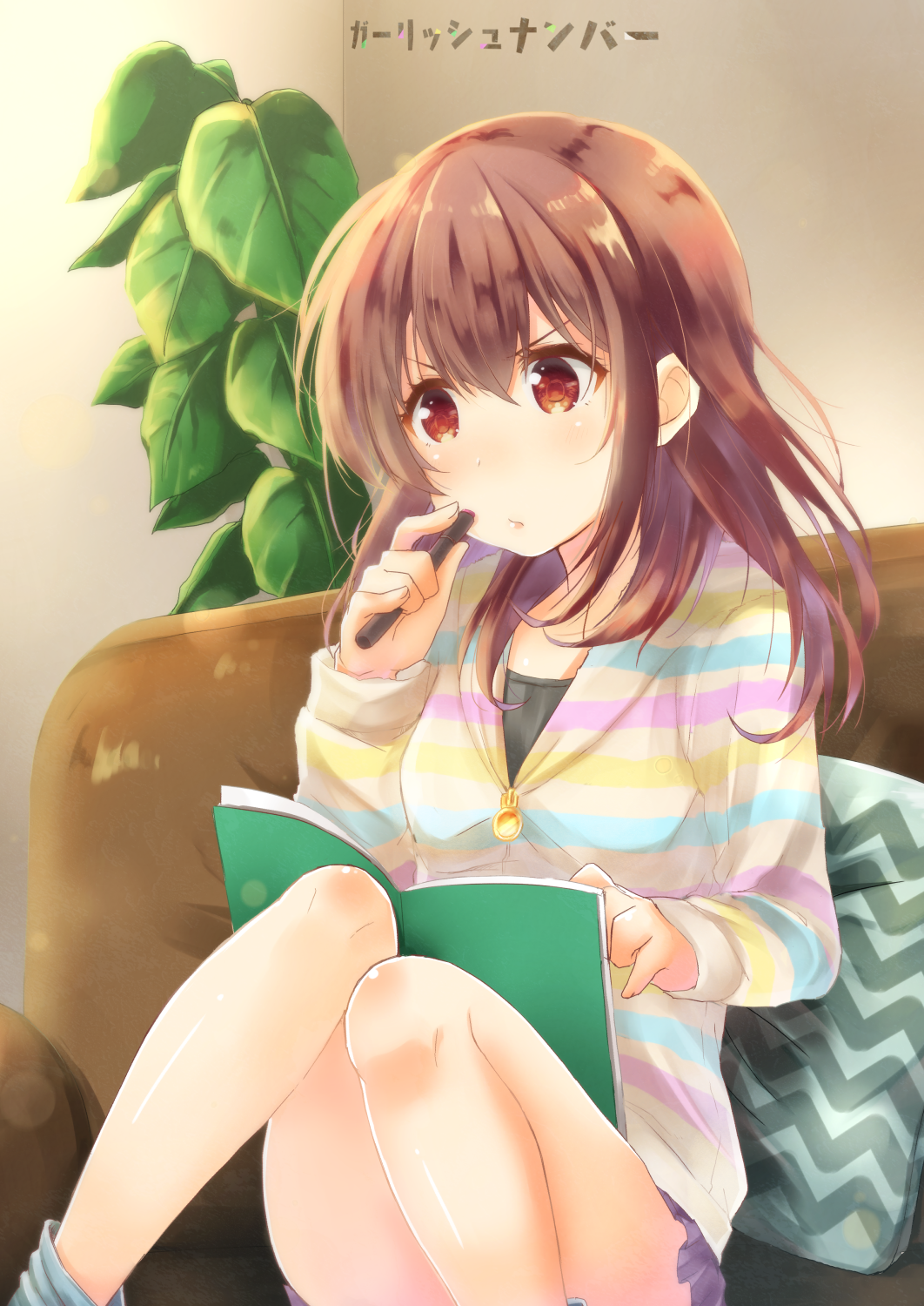 1girl bangs blue_legwear blush brown_eyes brown_hair closed_mouth commentary_request couch eyebrows_visible_through_hair girlish_number hair_between_eyes highres holding holding_pen indoors karasuma_chitose_(girlish_number) long_hair long_sleeves looking_away nachiku on_couch plant potted_plant purple_skirt shirt sitting skirt socks solo striped striped_shirt translation_request v-shaped_eyebrows