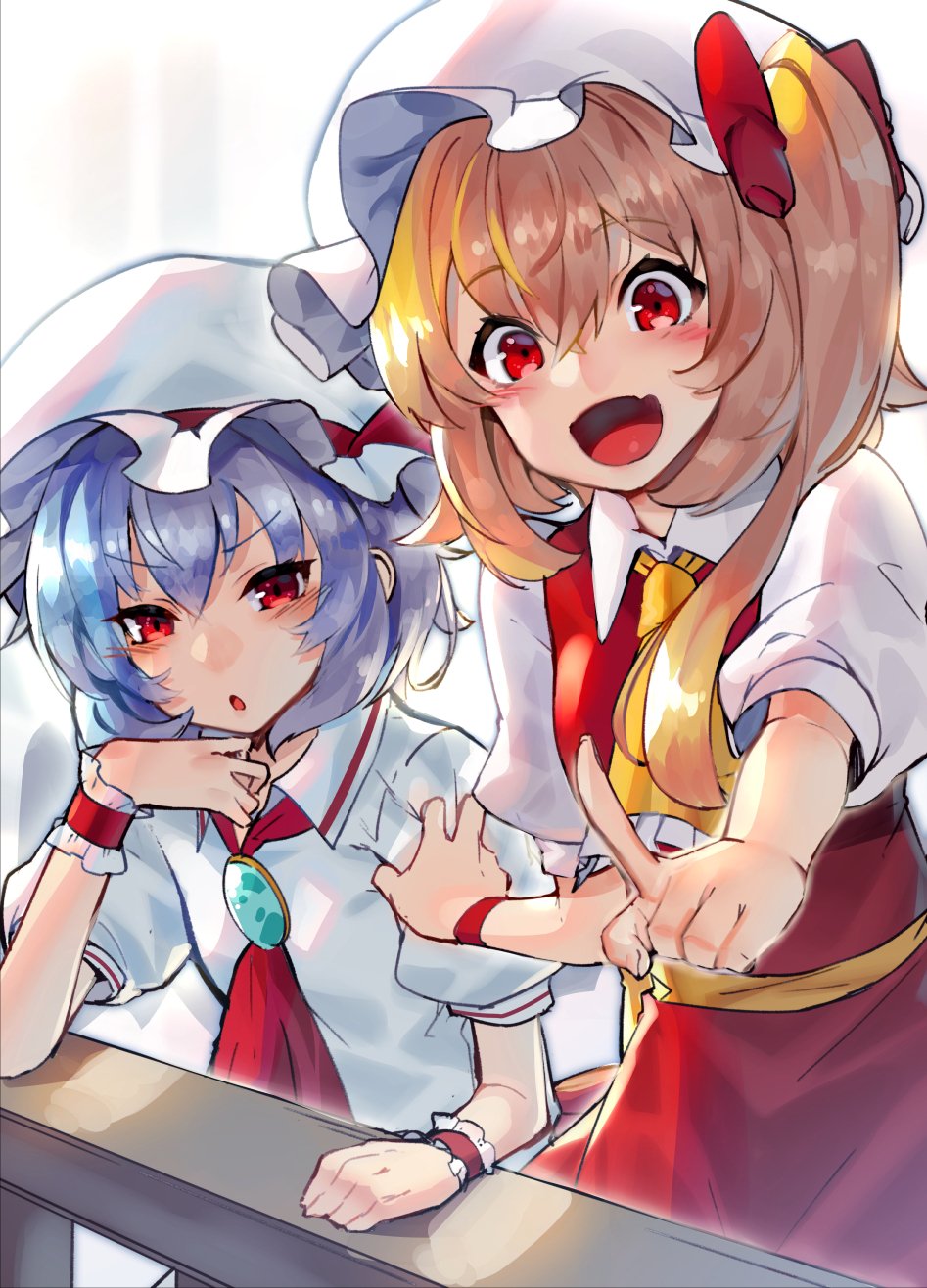 2girls :o ascot blonde_hair blue_hair bow brooch commentary_request flandre_scarlet hair_between_eyes hair_bow hat hat_ribbon highres index_finger_raised jewelry long_hair mob_cap multiple_girls pointing puffy_short_sleeves puffy_sleeves red_bow red_eyes red_ribbon red_skirt remilia_scarlet ribbon short_sleeves siblings sisters skirt skirt_set smile sukocchi touhou vest white_hat wrist_cuffs