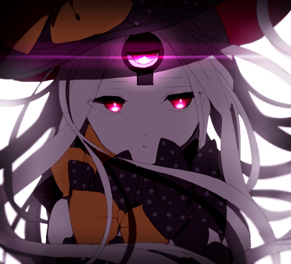 1girl abigail_williams_(fate/grand_order) black_bow blonde_hair bow closed_mouth expressionless face facial_mark fate/grand_order fate_(series) forehead_mark glowing glowing_eye hat hiiragi_fuyuki keyhole long_hair looking_at_viewer orange_bow red_eyes solo third_eye