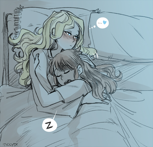 2girls artist_name blonde_hair blush diana_cavendish heart kagari_atsuko little_witch_academia long_hair multiple_girls nose_blush petting sleeping thought_bubble ticcy under_covers yuri zzz