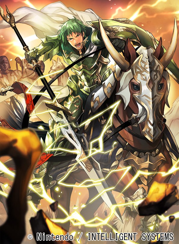 1boy armor armored_boots boots cape company_name electricity faceless faceless_male fire_emblem fire_emblem:_seima_no_kouseki fire_emblem_cipher gloves green_eyes green_hair horns horse kyle_(fire_emblem) male_focus nagahama_megumi official_art open_mouth polearm rock shield sky solo spear teeth weapon