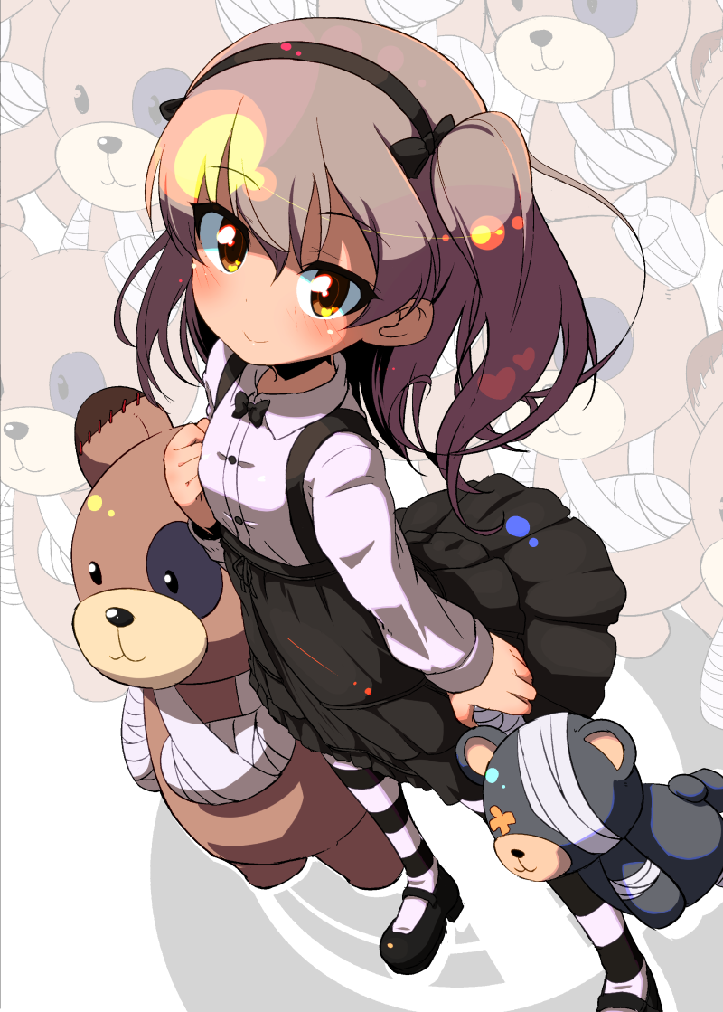 1girl animal_print bandage bangs bear_print black_footwear black_legwear black_neckwear black_ribbon black_skirt boko_(girls_und_panzer) bow bowtie brown_eyes cast casual closed_mouth collared_shirt eyebrows_visible_through_hair full_body girls_und_panzer hair_ribbon high-waist_skirt holding holding_stuffed_animal layered_skirt light_brown_hair long_hair long_sleeves looking_at_viewer mary_janes ribbon shimada_arisu shirt shoes side_ponytail skirt smile solo standing striped striped_legwear stuffed_animal stuffed_toy suspender_skirt suspenders sw teddy_bear thigh-highs white_shirt