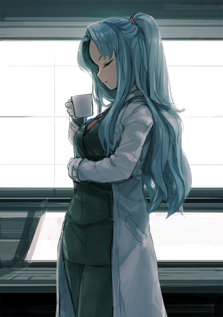 1girl bee_(deadflow) black_jacket black_pants blue_hair closed_eyes closed_mouth copyright_request cowboy_shot cup from_side holding indoors jacket labcoat long_hair long_sleeves one_side_up pants red_neckwear smile solo standing