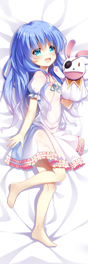 1girl :d arm_at_side bangs barefoot blue_eyes blue_hair blue_ribbon blush commentary_request dakimakura date_a_live dress eyebrows_visible_through_hair eyepatch frilled_dress frills full_body hair_between_eyes hand_puppet head_tilt long_hair looking_at_viewer lying nightgown on_side open_mouth puffy_short_sleeves puffy_sleeves puppet ribbon short_sleeves smile solo very_long_hair white_dress xia_xiang_(ozicha) yoshino_(date_a_live) yoshinon