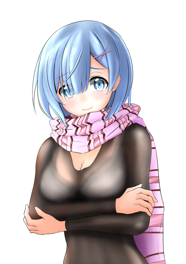 1girl bangs blue_eyes blue_hair breasts cleavage closed_mouth crossed_arms earlgrey201507 hair_between_eyes hair_ornament re:zero_kara_hajimeru_isekai_seikatsu rem_(re:zero) scarf solo striped striped_scarf white_background