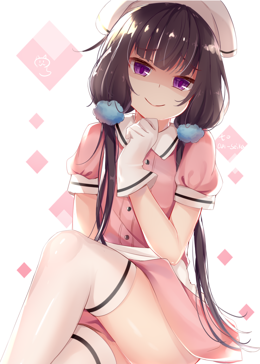 1girl black_hair blend_s closed_mouth collared_shirt commentary_request eyebrows_visible_through_hair gloves hand_up head_scarf head_tilt highres long_hair looking_at_viewer low_twintails nahaki pink_shirt pink_skirt puffy_short_sleeves puffy_sleeves sakuranomiya_maika shaded_face shirt short_sleeves sitting skirt smile solo stile_uniform thigh-highs twintails uniform very_long_hair violet_eyes waitress white_gloves white_legwear