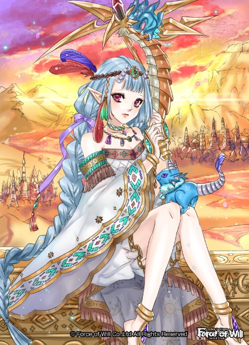 1girl banamons bare_shoulders blue_hair braid circlet clouds cloudy_sky copyright_name dragon feathers force_of_will horns jewelry long_hair mountain necklace official_art pink_eyes pointy_ears sandals sitting sky solo twin_braids very_long_hair