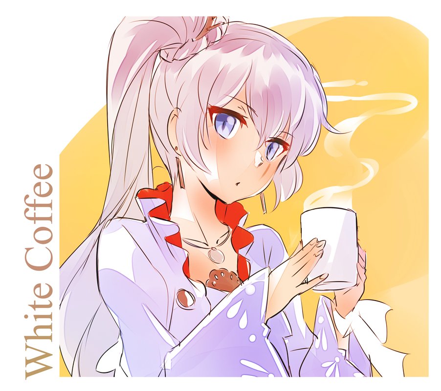 1girl blue_eyes coffee coffee_mug earrings iesupa jewelry namesake necklace rwby scar scar_across_eye solo steam weiss_schnee white_hair