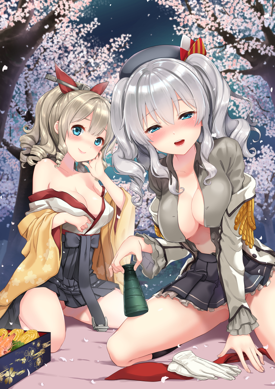 2girls :d beret black_hakama black_skirt blue_eyes blush breasts cherry_blossoms drill_hair epaulettes gloves gloves_removed grey_shirt hair_between_eyes hair_ribbon hakama hat hatakaze_(kantai_collection) highres jacket japanese_clothes kantai_collection kashima_(kantai_collection) kimono large_breasts light_brown_hair long_sleeves multiple_girls open_clothes open_jacket open_mouth open_shirt petals pleated_skirt red_ribbon ribbon shibi shirt short_hair silver_hair skirt smile tsurime two_side_up white_gloves white_jacket white_kimono wide_sleeves yellow_kimono