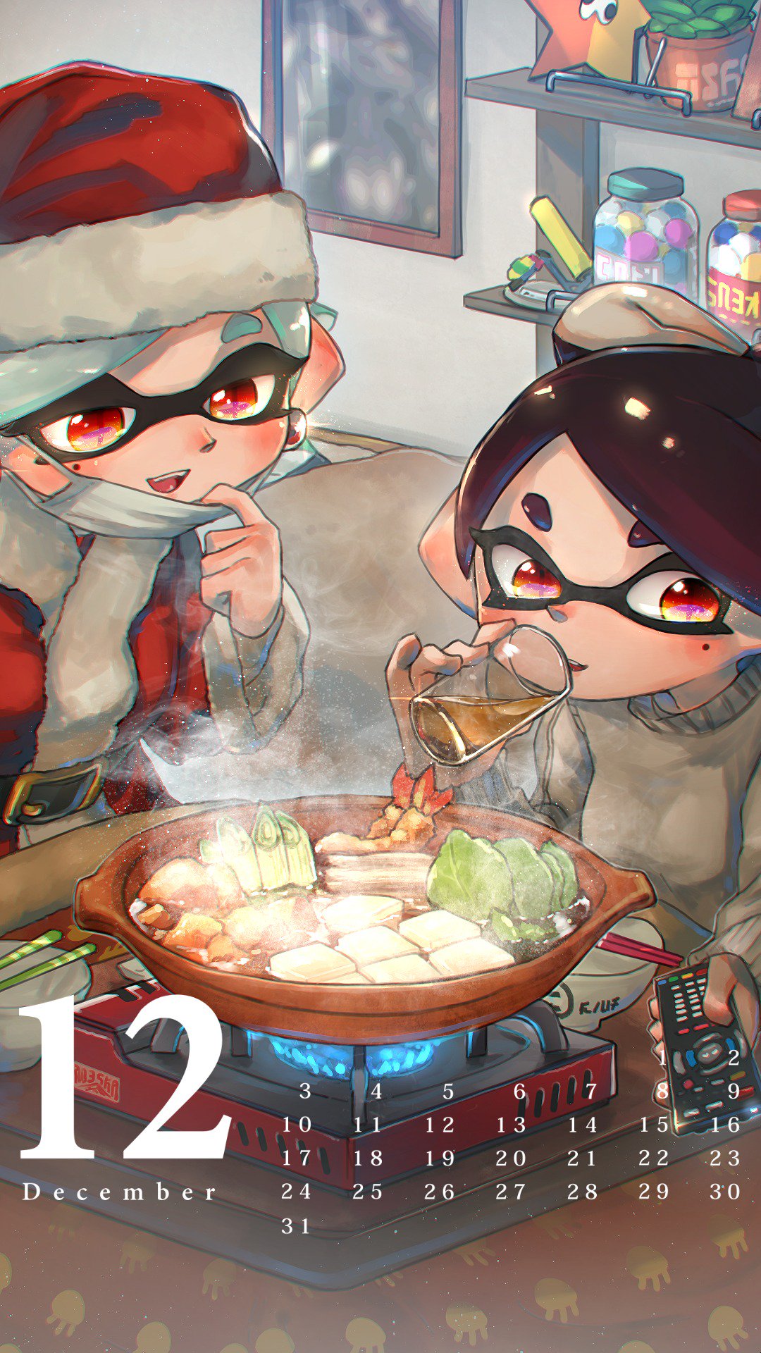 +_+ 2girls :d aori_(splatoon) belt_buckle black_belt black_hair bowl buckle cabbage calendar chopsticks commentary_request controller cooking cousins cup december domino_mask drinking drinking_glass earrings face_mask fire food grey_sweater hat highres holding hotaru_(splatoon) indoors inkling_(language) jar jewelry kashu_(hizake) kotatsu long_sleeves looking_away looking_down mask mask_pull mole mole_under_eye monster_girl multiple_girls number open_mouth photo_(object) plant pointy_ears portable_stove potted_plant red_eyes remote_control santa_costume santa_hat shelf shiny shiny_hair short_eyebrows short_hair shrimp shrimp_tempura silver_hair smile splatoon splatoon_1 spring_onion steam table tempura tentacle_hair tofu
