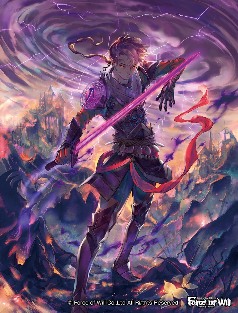 1boy armor armored_boots boots castle clouds cloudy_sky copyright_name electricity flower force_of_will gloves long_hair low_ponytail male_focus official_art purple_hair red_eyes scar sky solo sword weapon yayoi_shiro