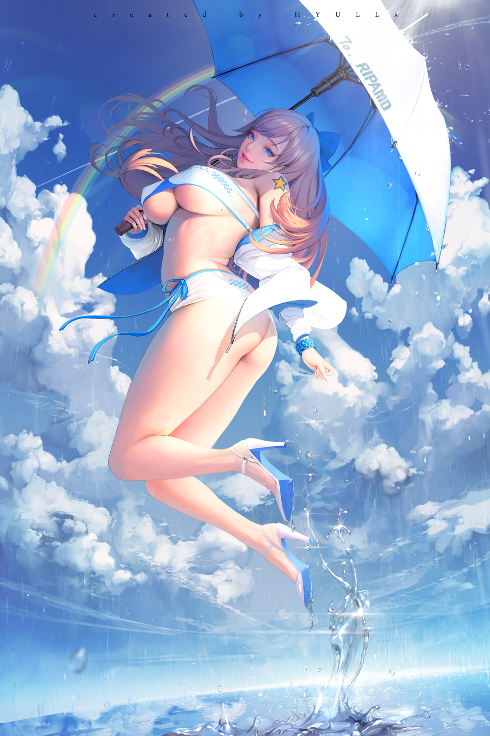 1girl ass bangs blonde_hair blue_eyes blue_sky bow bracelet breasts clouds commentary day earrings full_body hair_bow high_heels highres holding jacket jewelry large_breasts lips lipstick long_hair looking_at_viewer makeup midriff mole mole_under_eye nightmadness off_shoulder open_clothes open_jacket original outdoors parted_lips rain rainbow sky smile solo star_tattoo strapless sunlight tattoo tubetop twisted_torso umbrella under_boob water water_drop