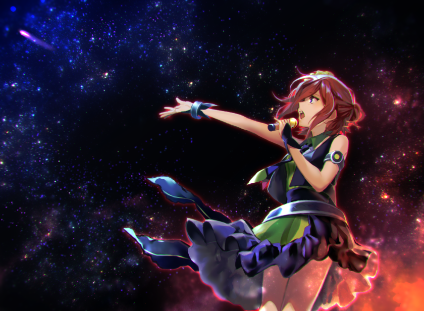 1girl arm_strap blue_eyes bracelet brown_hair cowboy_shot floating_hair hair_ornament holding holding_microphone jewelry kaname_buccaneer macross macross_delta microphone mr0308 music necktie open_mouth outstretched_arms short_hair singing skirt sky sleeveless solo standing star_(sky) starry_sky