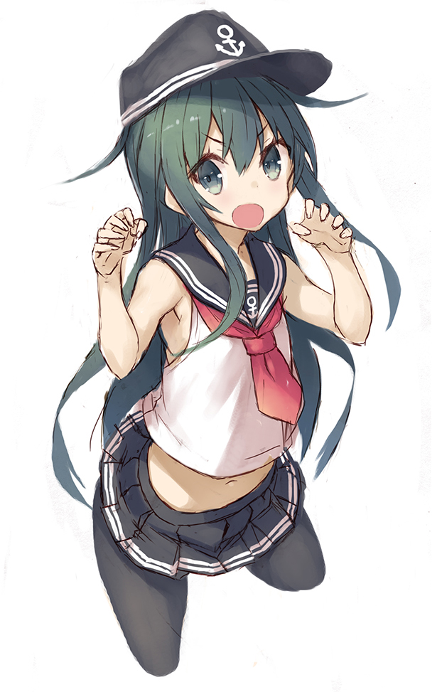 1girl anchor_print bangs black_legwear character_request claw_pose cropped_legs eyebrows_visible_through_hair flat_cap goekawa green_eyes green_hair hands_up hat kantai_collection long_hair miniskirt navel open_mouth pantyhose sailor_collar sidelocks simple_background skirt solo white_background