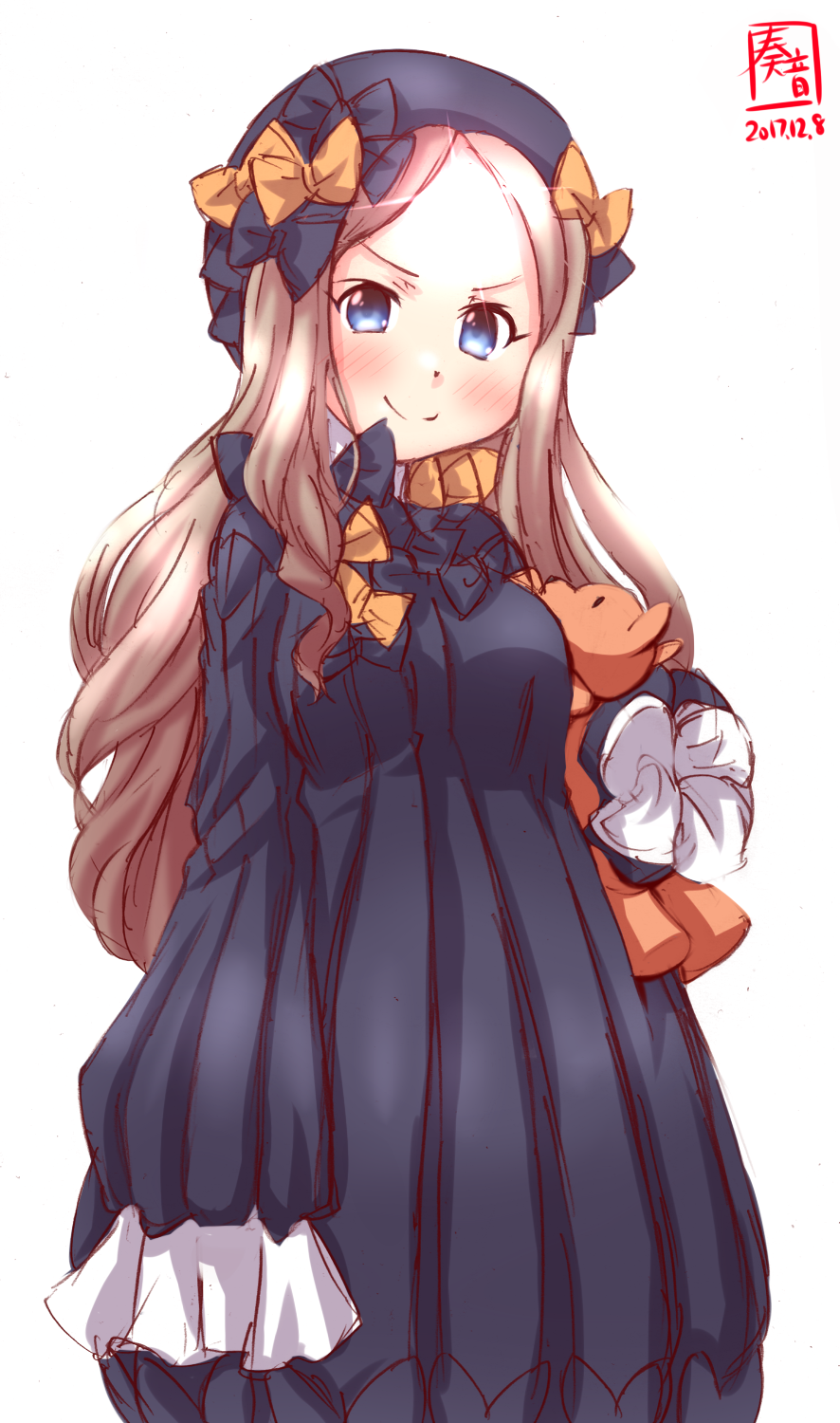 1girl abigail_williams_(fate/grand_order) abigail_williams_(fate/grand_order)_(cosplay) asakaze_(kantai_collection) black_bow black_dress black_hat blue_eyes bow brown_hair cosplay cowboy_shot dated dress fate/grand_order fate_(series) forehead hair_bow hands_in_sleeves hat highres kanon_(kurogane_knights) kantai_collection logo long_hair long_sleeves looking_at_viewer orange_bow simple_background sleeves_past_wrists solo stuffed_animal stuffed_toy teddy_bear white_background
