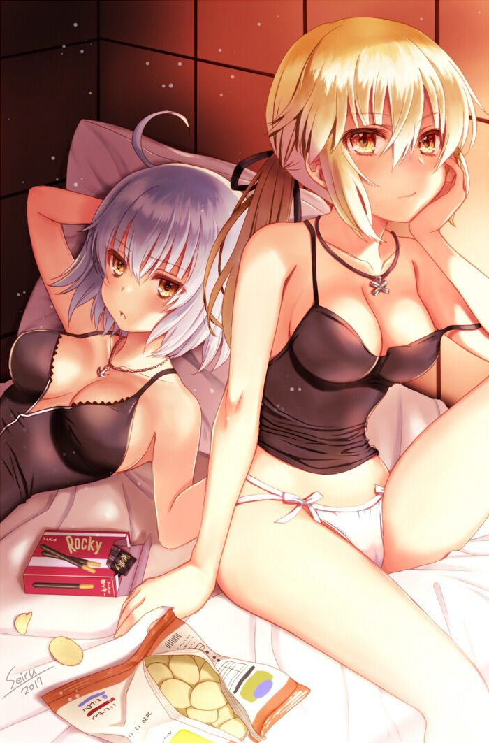 2017 2girls ahoge artist_name bed black_ribbon blonde_hair breasts chips cleavage fate/grand_order fate_(series) food hair_ribbon hand_on_own_cheek hijiri_ruka jeanne_d'arc_(alter)_(fate) jeanne_d'arc_(fate)_(all) jewelry long_hair lying medium_breasts multiple_girls necklace off_shoulder on_back on_bed panties pillow pocky ponytails ribbon silver_hair sitting tagme underwear white_panties yellow_eyes