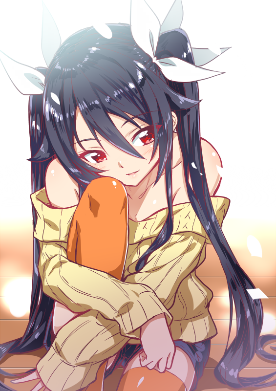1girl bangs bare_shoulders black_hair black_shorts bow collarbone commentary_request eyebrows_visible_through_hair flat_chest hair_between_eyes hair_bow hair_flaps head_rest knee_up leg_hug light long_hair looking_away off-shoulder_sweater on_floor orange_legwear ore_twintail_ni_narimasu red_eyes ribbed_sweater shiny shiny_hair shiny_skin shorts side_glance sidelocks sitting sketch sleeves_past_wrists smile solo sweater thigh-highs tsube_aika tsurime twintails very_long_hair white_background white_bow wooden_floor yellow_sweater yuto_(dialique)